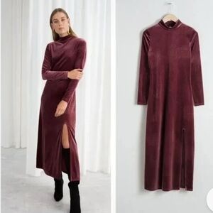 & Other Stories Velvet Turtleneck Midi Dress Burgundy Slit Long Sleeve Women's 4